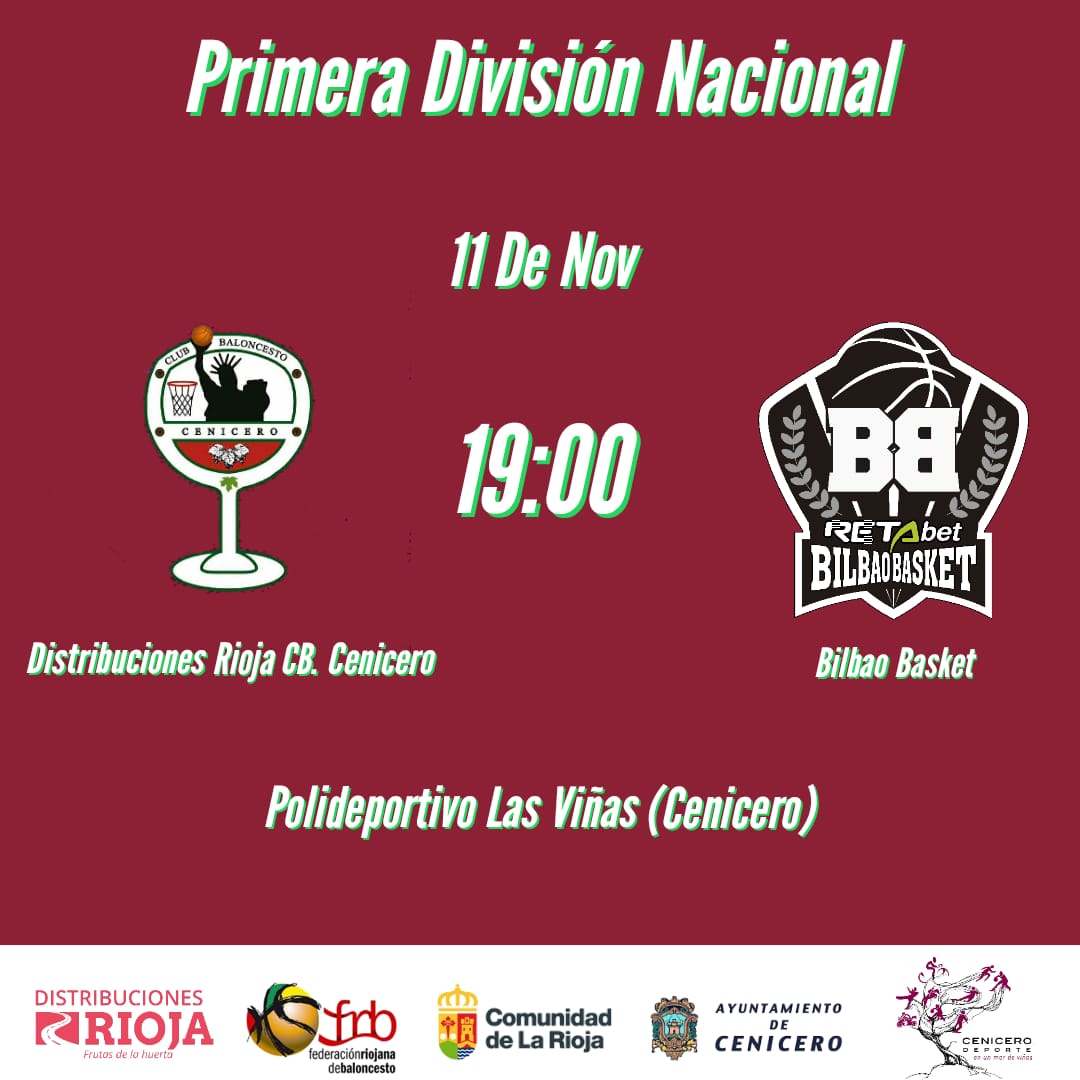 🏀PARTIDO🏀

🗓️ Jueves 11 de noviembre de 2021

🏀 DISTRIBUCIONES RIOJA CB. CENICERO
🏆 Primera División Nacional, Liga, J.3
🏟 Cenicero, Pol. Las Viñas, Av/Olímpica, S/N
✅ Aforo limitado: 320 personas
🕖 A las 19h.
🆚️ <a href="/bilbaobasket/">Surne Bilbao 😎</a>

¡¡Os esperamos a tod@s!!
👏🏻👏🏻👏🏻⚽️🏀🏆🥇🥈🗽