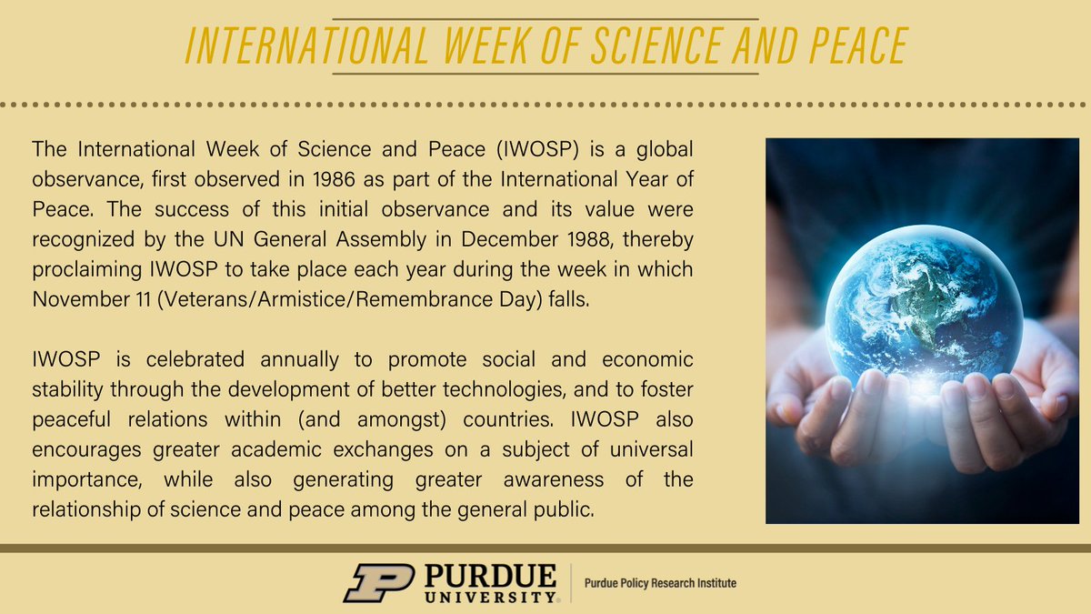 PurduePeaceProj's tweet photo. The @UN's #InternationalWeekofScienceandPeace celebrates the intersection of #Science and #Technology with #Peace and #Security. 🔬🕊️ 

To learn more about #IWOSP, visit: https://t.co/3PzGf7dn1a. @AfPeacebuilding #GlobalGoals https://t.co/IdhUYHofjl