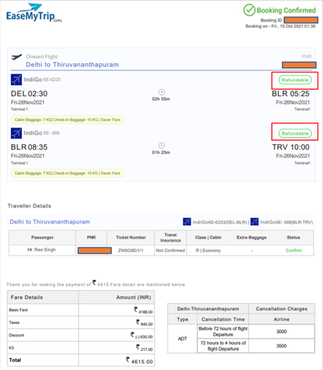 Singh05Ravi's tweet photo. What an atrocity from @EaseMyTrip , while booking showed my tickets as refundable but later changed it to non-refundable. That's some BS I used to pull during my school. 

Is this a reflection of a practice leading to the higher quarterly numbers?
#unethical @nishantpitti @ https://t.co/R5DGiH43ix
