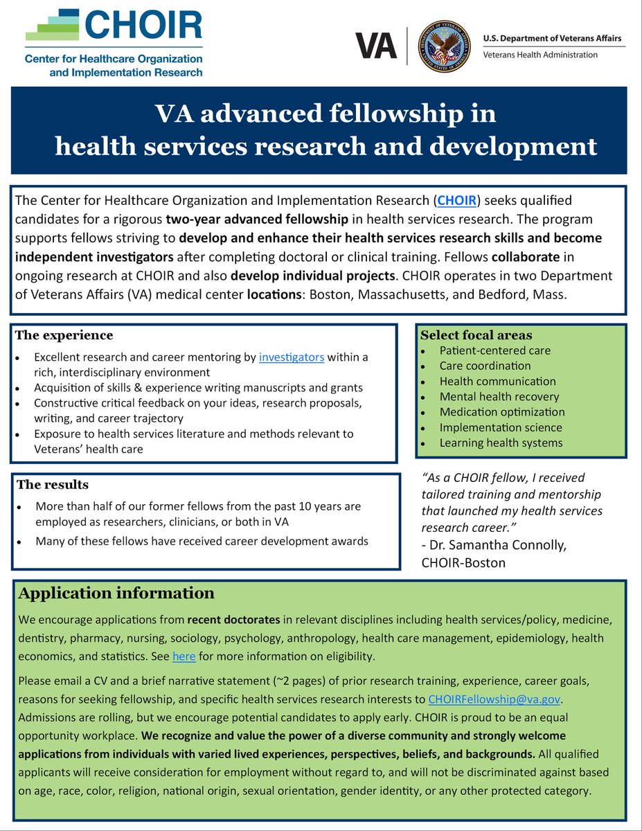 VA Health Systems Research, Bedford/Boston (@va_choir) on Twitter photo Help spread the word! 📣 We are seeking candidates for our 2-year #postdoc advanced fellowship in health services research.
Gain valuable experience with a focus on Patient-Centered Care, Care Coordination and more! choir.research.va.gov/fellowship/ind… <a href="/amy_linsky/">Amy Linsky, MD, MSc</a> <a href="/slrshimada/">Stephanie Shimada</a> <a href="/vahsrd/">VA HSR</a> Help spread the word! 📣 We are seeking candidates for our 2-year #postdoc advanced fellowship in health services research.
Gain valuable experience with a focus on Patient-Centered Care, Care Coordination and more! choir.research.va.gov/fellowship/ind… <a href="/amy_linsky/">Amy Linsky, MD, MSc</a> <a href="/slrshimada/">Stephanie Shimada</a> <a href="/vahsrd/">VA HSR</a>