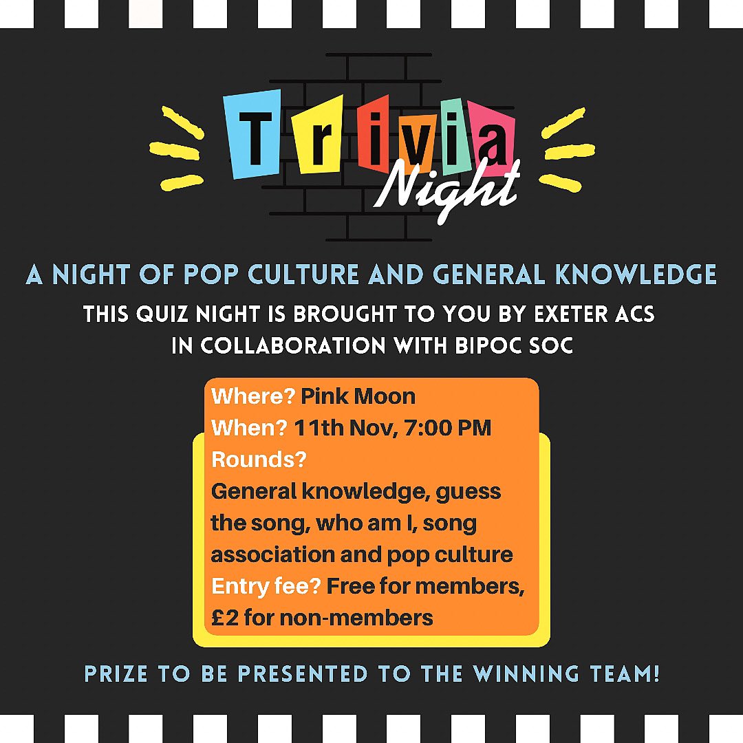 Come ready with your smarts, as winning team takes prize! 🏆

DATE🗓: 11th November

TIME🕖: 7:00 PM

WHERE📍: Pink Moon

Entry💷: Free for members, £2 non-members