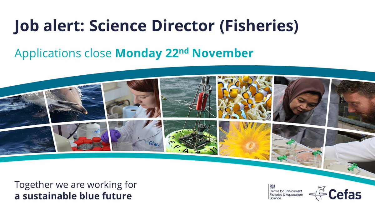 CefasGovUK's tweet photo. We're looking for new Science Directors to provide excellent science leadership and excellent people management. 

Could you inspire, develop and enable our scientists to help secure a sustainable blue future for all?

If so, apply before 11:55PM on Monday 22nd November. https://t.co/wVFM1XEXbd