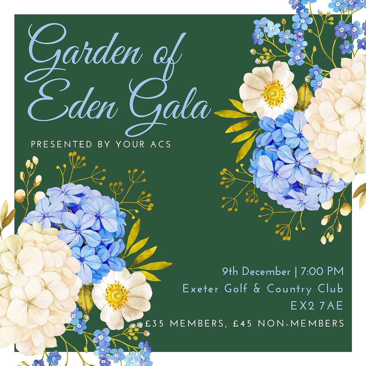 Gala inspired by the Met Gala. We want to encourage everyone to get creative with their interpretation of ‘The Garden of Eden’!

DATE: 9th December

TIME: 7:00 PM

WHERE: Exeter Golf &amp; Country Club, EX2 7AE

Dress Code: Formal 

Price: £35 for members, £45 for non-members