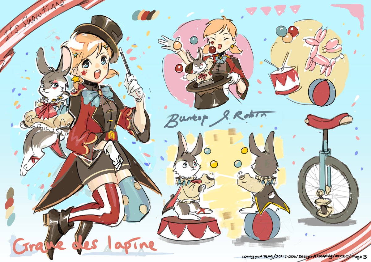 sketches for my class.
idk which one my lect would want me to finalize.
one is cutesy pinky otome game vibes.
the other is probably a Layton sequel is2g
the last one is cute circus vibes 