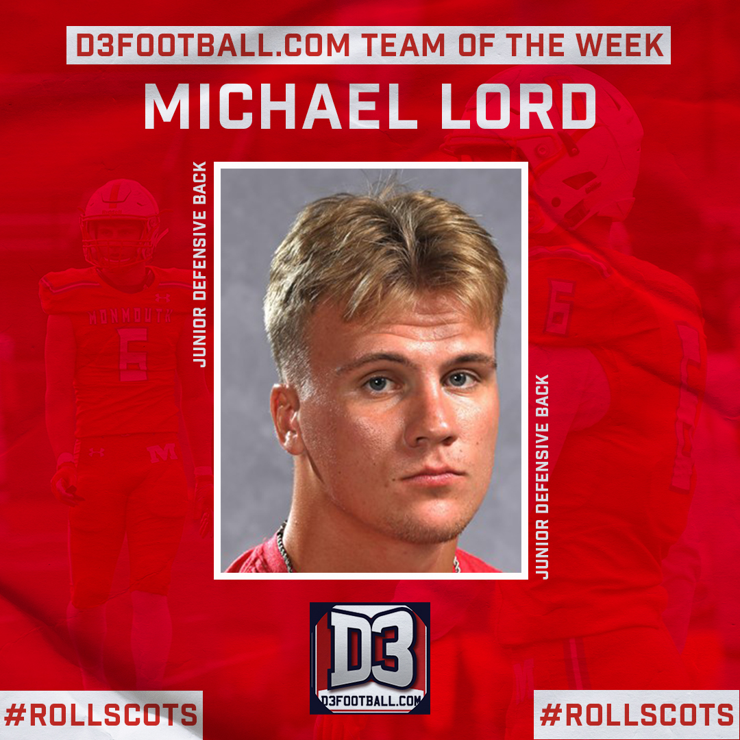 MCFightingScots's tweet photo. Congrats to @RollScotsFB defensive back @MichaelLord006 on being named to the @d3football team of the week! it is the 4th such honor for a Monmouth player this season! #RollScots #NoExcuses

https://t.co/ejc81XIF1w https://t.co/wJgxPNpwkD