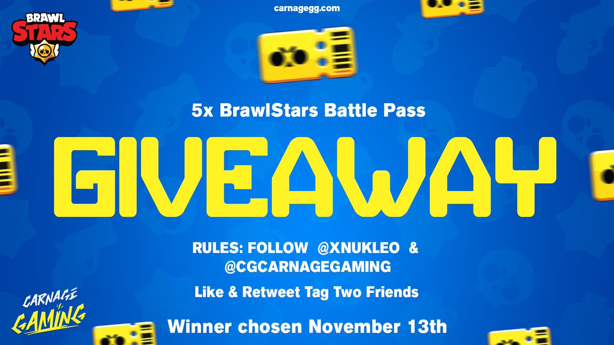 CGCarnageGaming's tweet image. 🚨 New Season! Time for a Battle Pass Giveaway, but not just 1 we are giving away 5 Battle Passes. 

Rifa de 5 Pases de Batalla! 

Rules:
1. Follow @CGCarnageGaming &amp;amp; @xNUKLEO 
2. Tag Two Friends
3. Like &amp;amp; Retweet 

Winner Decided Saturday November 13th. #BrawlStars #GiveAway