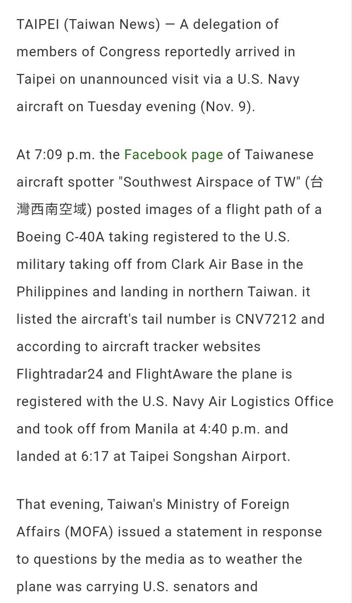 Oceanworldfree's tweet photo. 🇺🇲US Navy Boeing C-40A CNV7212 166694 #AE29FD carrying congressional delegation was spotted landing at #Taipei Air Force Base on Tuesday evening https://t.co/Pu0CJlkYe2