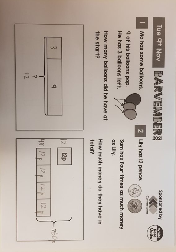 kim_othea's tweet photo. So proud of Y5B who are opting to independently have a go at #Barvember at home. Sometimes they are on track, sometimes not... but they are very keen to learn afterwards from each other and from mistakes made. @WhiteRoseMaths https://t.co/4WDS5SV1Jv