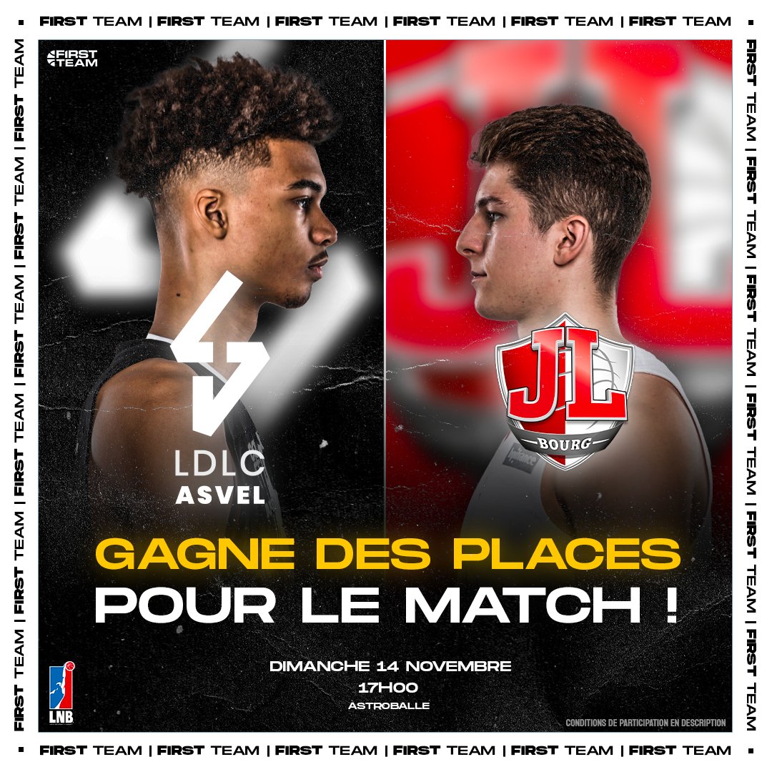 FirstTeam101's tweet photo. 𝗖𝗢𝗡𝗖𝗢𝗨𝗥𝗦 ! 🎁🎟

On vous fait gagner 2 places pour venir voir @LDLCASVEL 🆚 @JLBourgBasket ce dimanche à 17h00 🔥

Pour participer : 
👉 RT ce tweet
👉 Follow @FirstTeam101 &amp; @LNBofficiel 
👉 Mentionne un pote avec qui tu veux venir

TAS samedi ! 🍀 https://t.co/R2kHJvpU0N