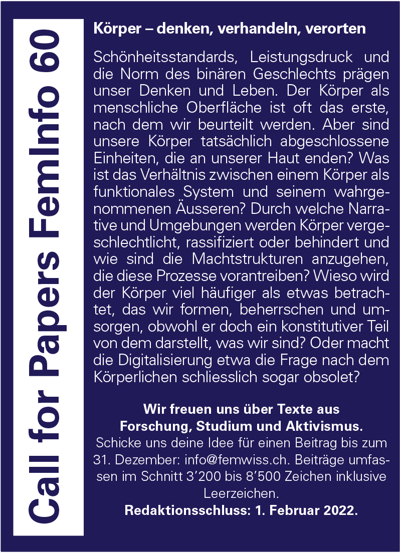 Fem_Wiss's tweet photo. Open Call FemInfo 60: Du möchtest deine Arbeit oder deinen Artikel gerne publizieren? Dann melde dich unter info@femwiss.ch! https://t.co/fs7eAkO34O