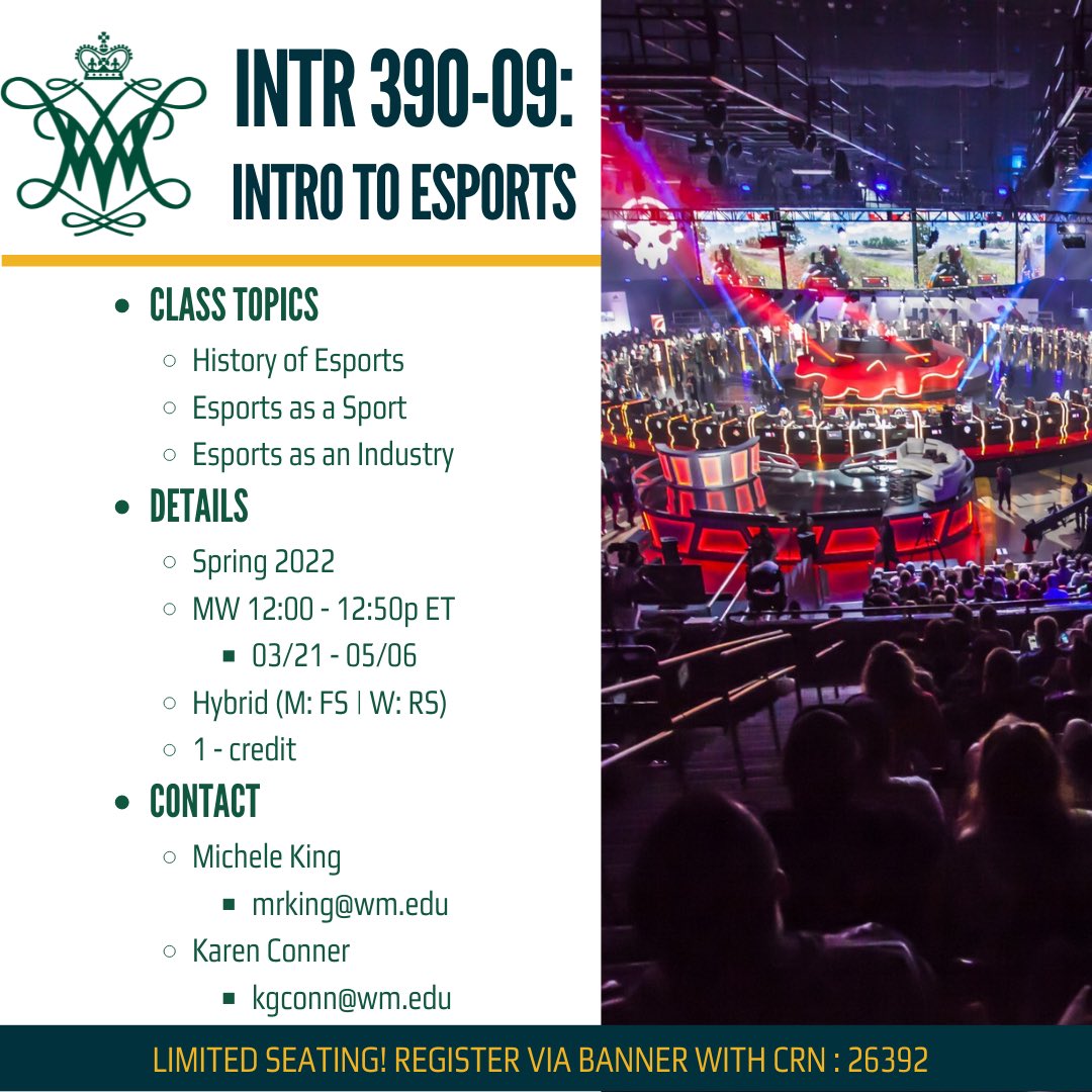 Intro to Esports will be offered in the Spring 2022 semester as a 1-credit hybrid course! Use the CRN at the bottom to register before the class fills up!