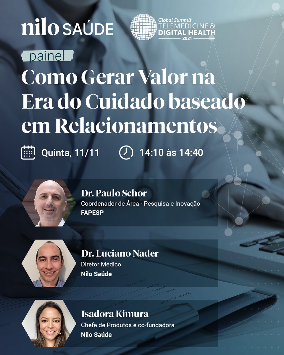Inscreva no evento: lnkd.in/eFHiaeBy e junte-se aos nossos palestrantes - <a href="/IsadoraKimura/">Isadora Kimura</a>, Dr. Luciano Nader e Dr. <a href="/PauloSchor/">Paulo Schor</a> - nessa conversa sobre como criar programas digitais de saúde realmente centrados no paciente.

#saudedigital #telemedicina #globalsummit2021