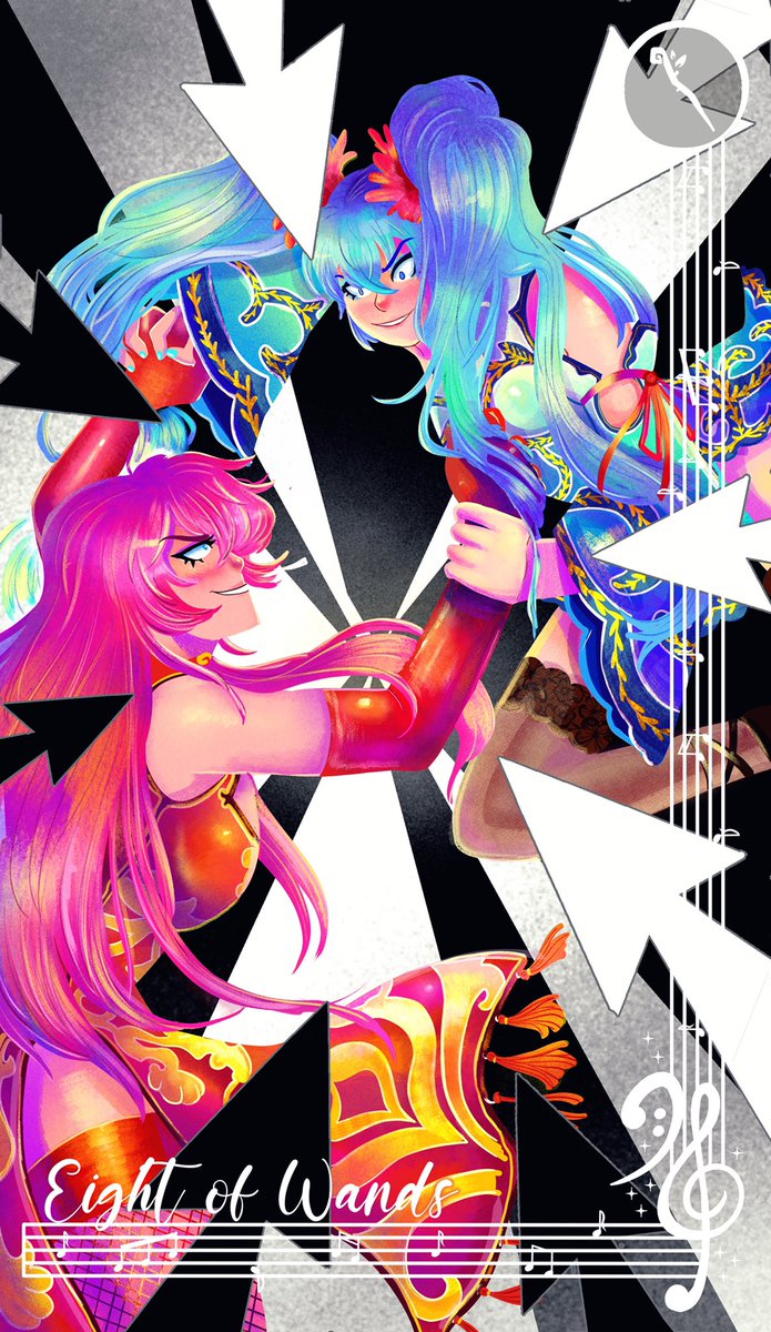 artbygirlpanic's tweet photo. my second card for @VocaloidTarot ! eight of wands for world’s end dancehall! i wanted to capture the hectic nature of the song and the meaning of movement in the card https://t.co/GDYrWt2Cm0