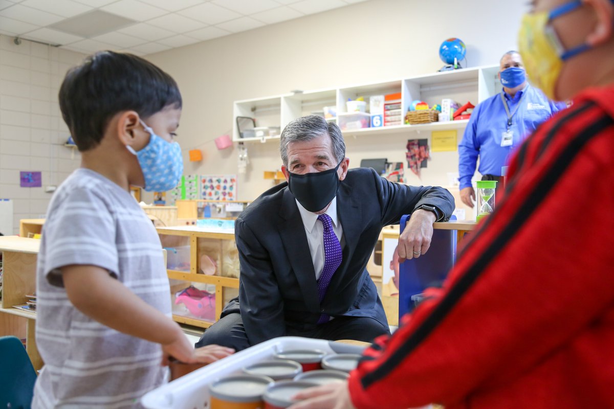 NC_Governor's tweet image. High-quality, affordable child care is essential for North Carolina families and children. Today, Gov. Cooper visited the Irene Wortham Early Learning Center in Asheville to highlight the $805 million investment in child care stabilization grants.