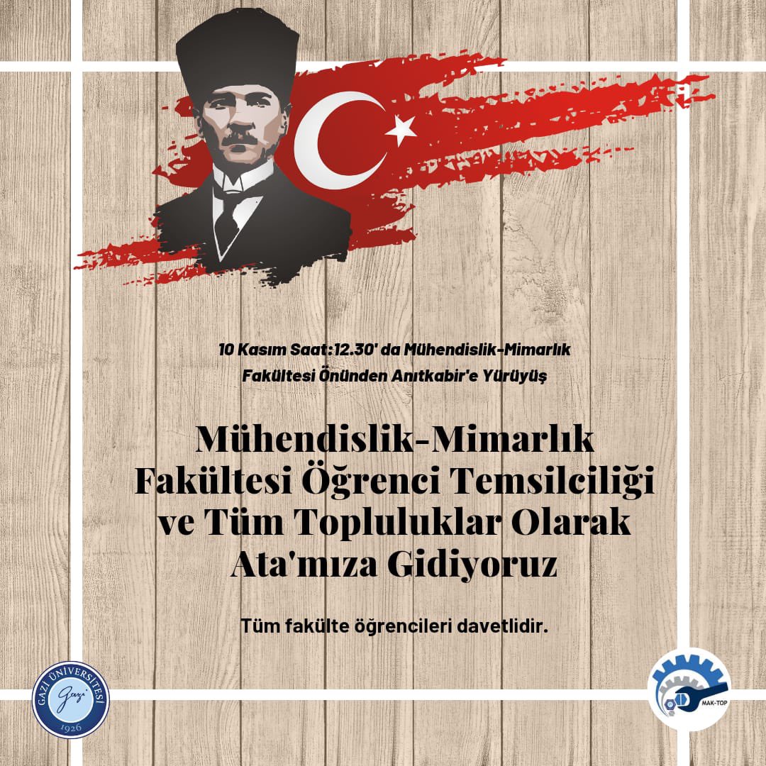 Ülkemizin kurucusu Ulu Önder Mustafa Kemal ATATÜRK’ü rahmet ve minnetle anıyoruz. Yarın öğle arası gerçekleştireceğimiz ATA’ya ziyaret etkinliğine tüm fakülte öğrenci arkadaşlarımız davetlidir.
#10Kasım1938
#ANITKABİR 
#MustafaKemalAtatürk