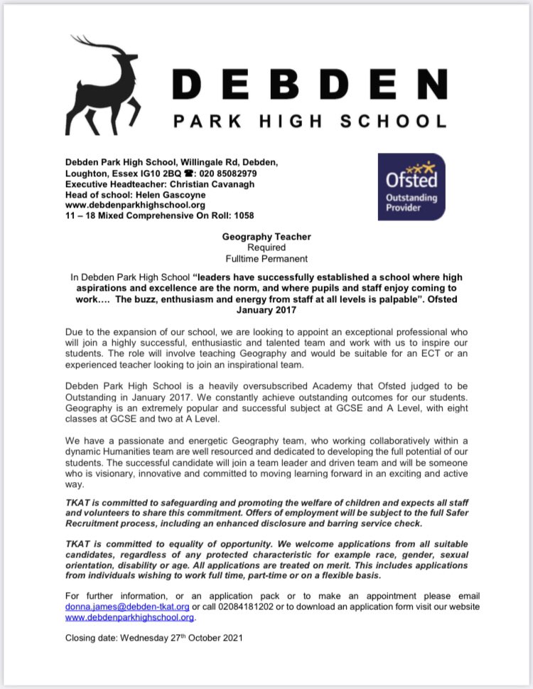 We have 2 vacancies in our incredible Humanities team. This will be a wonderful opportunity for an ECT or more experienced teacher who is looking to work in an Outstanding school in #Loughton, #Essex. #BeOutstanding