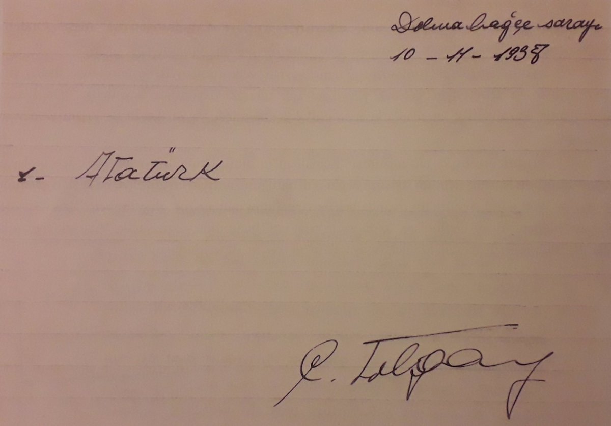 Atatürk'ün başında bekleyen ve ölüm anına tanıklık eden Nöbetçi Yaver Cevdet Tolgay, 10 Kasım 1938 günü nöbetçi yaver defterine düştüğü kayıt.
"Atatürk"
Atatürk için  "Öldü veya vefat etti" yazamamış.
#10Kasım1938 
#Atatürk