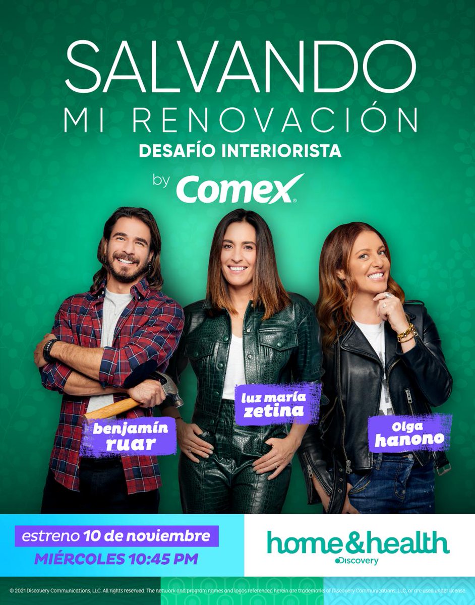 Cinemaniaticos1's tweet photo. Cinéfilos!! En noviembre, #Comex y #Discovery #HomeandHealth presentan en el marco del "Mes del Hogar", #SALVANDOMIRENOVACIÓN: #DESAFÍOINTERIORISTA, la nueva serie con los expertos en diseño #OlgaHanono y #BenjamínRuar 🏡👨🎨
¿Qué les parece? - https://t.co/wJAG5SfFZ4 🪚 https://t.co/qCUqLnGNhi