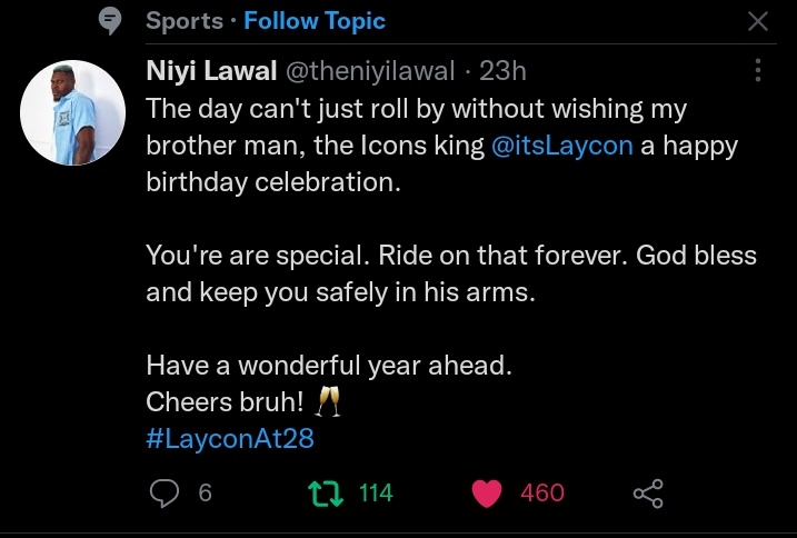 flavour_twist's tweet photo. @theniyilawal @itsLaycon Thanks  bunch, Niyi! And this tweet of yours appears under the Twitter SPORTS topic😊😊😊

#WorldLayconDay 
#LayconAt28 https://t.co/tCqPzRCH6w