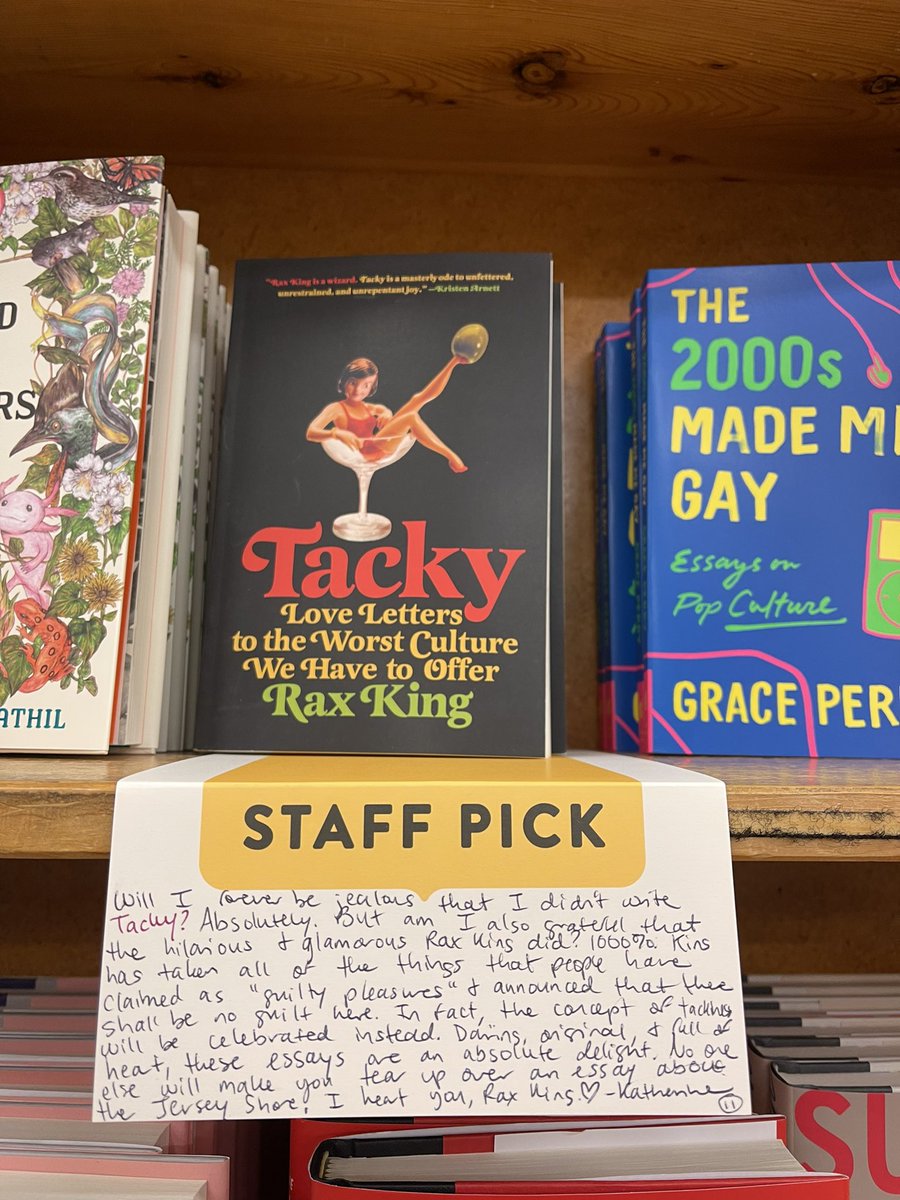 One of my favorite things about working at Powell’s is getting to write shelf talkers for some of my favorite books. If you haven’t read Tacky by <a href="/RaxKingIsDead/">rax ‘levon honkers’ king</a>, then make better choices in your life ✨