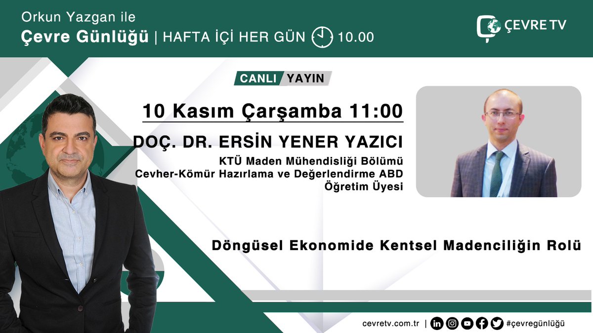 Bölüm ögretim üyemiz Doç. Dr. Ersin Yener Yazıcı Çevre TV'de Orkun Yazgan'ın sunduğu programa konuk olarak "Döngüsel Ekonomide Kentsel Madenciliğin Rolü" üzerine değerlendirmelerini aktaracak.

Çevre TV: m.youtube.com/c/%C3%87evreTv

<a href="/cevretvcomtr/">Çevre TV</a> <a href="/tcktu1955/">KTÜ</a> <a href="/ktutv/">KTÜTV</a> @1062radyoktu