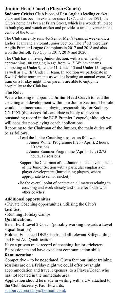 SudburyCC's tweet photo. We’re looking for a new head coach for our junior section. Exciting opportunity to work in a fantastic community club. @suffolkcricket @EssexCCB https://t.co/EsUBV1VDhn