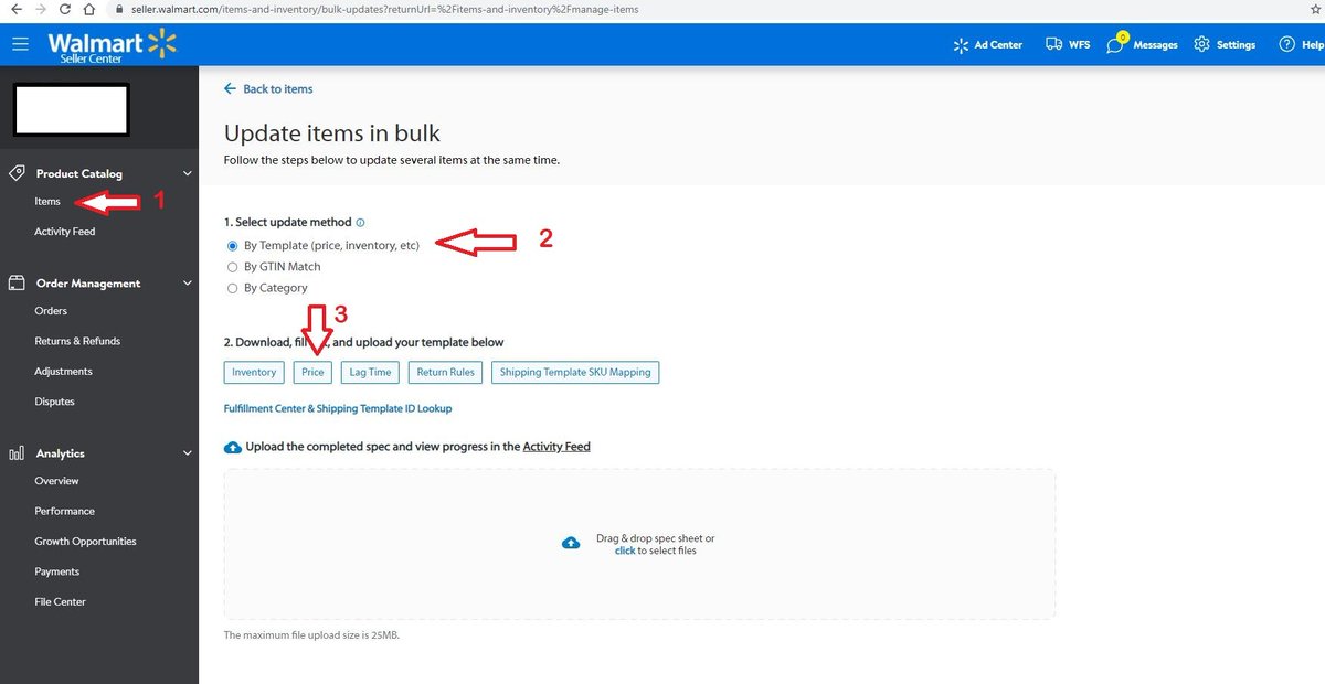 Px3Solutions's tweet photo. Walmart Seller Central also has the ability to setup promotions on your products (vs constantly changing the MSRP). This can be done in the main dashboard by selecting Items, Update Items in Bulk (not shown here but towards top right of screen), Select By Template and then Price https://t.co/srGLX4Fqj9