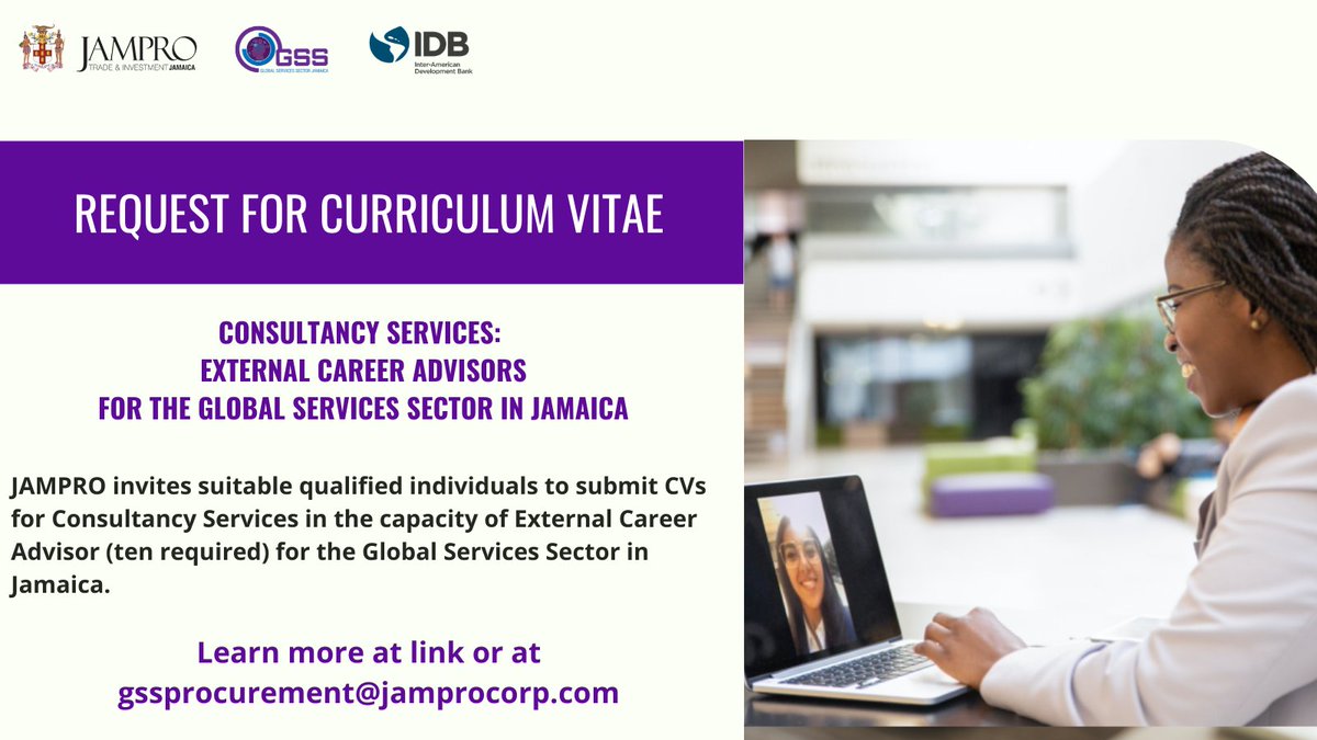 We invite qualified individuals to submit CVs for Consultancy Services in the capacity of External Career Advisor (ten required) for the Global Services Sector in Jamaica. See full description and download the Terms of Reference here: dobusinessjamaica.com/about-jampro/t…