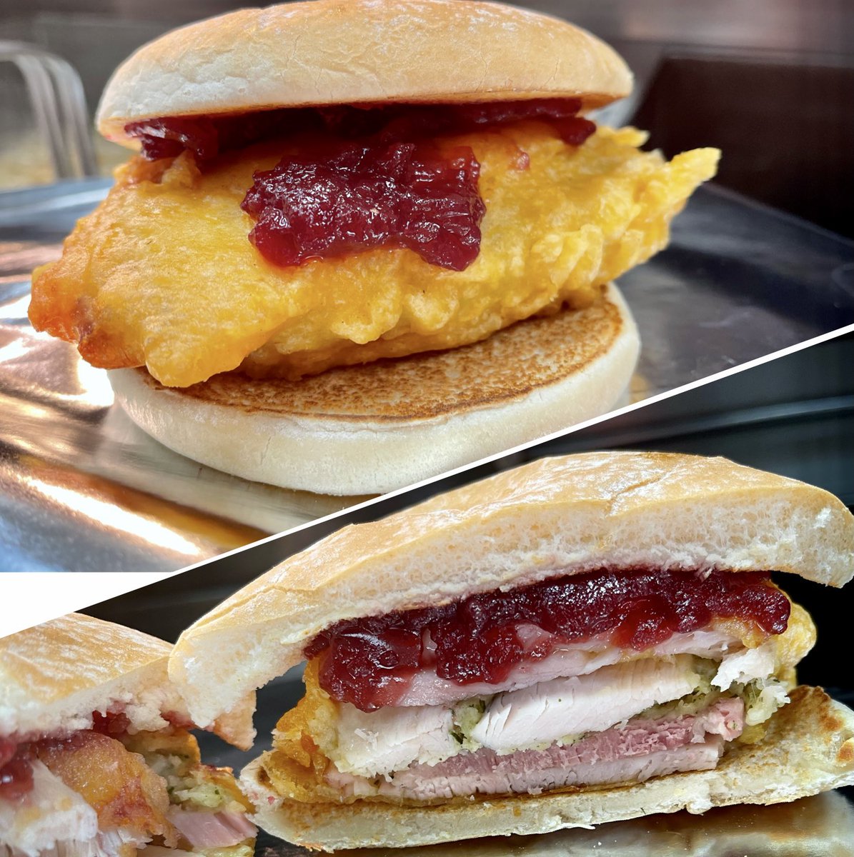 TheChippyAntrim's tweet photo. Battered turkey, ham and stuffing burger available from tomorrow (Wednesday) #thechippyantrim #christmas #turkeyburger #cranberrysauce #food #FoodForThought #turkey #antrim #northernireland https://t.co/IzPvttVE5i