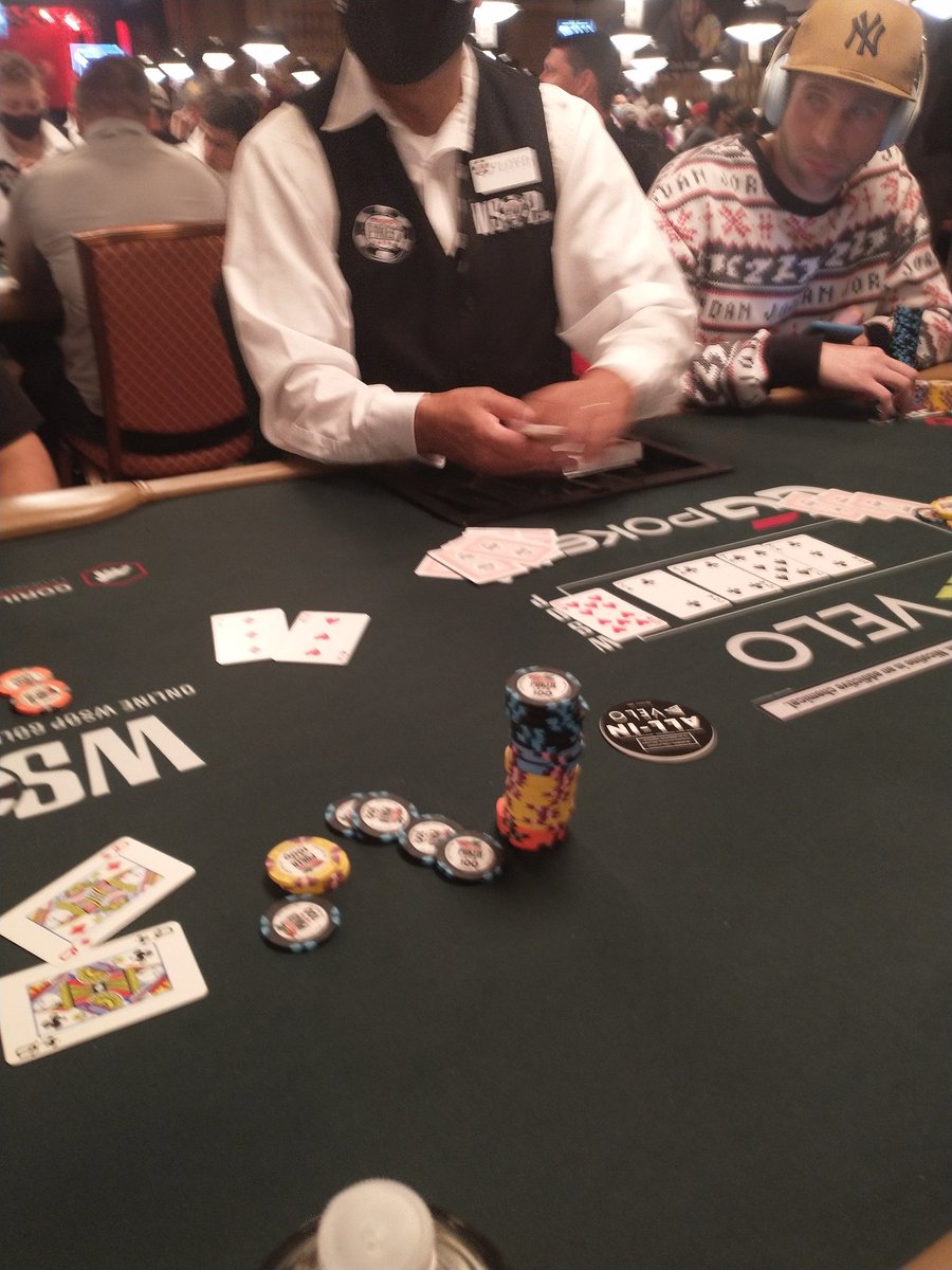 Out of the main. Raise 2k from co with qq two players playing a lot of hands call button, SB,bb comes along too.  Flop 743cc check to me bet 3.4k button calls sb raises to 15k i put in 40k.  He flopped set 3s.  Pretty stndrd spot.  It is what it is.  On to the next #wsop #poker