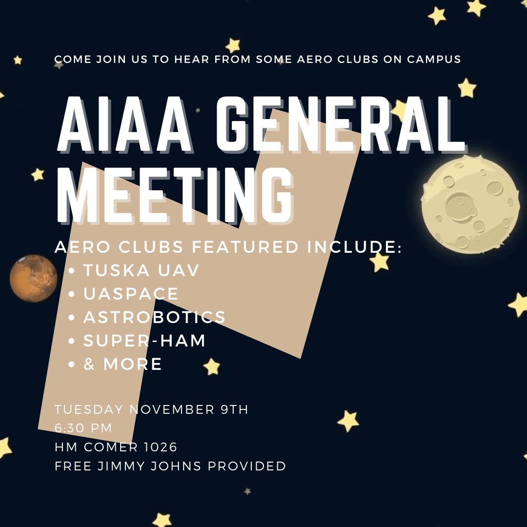 Join us for a general meeting tonight at 6:30! We’ll go over the AIAA Region II student conference as well as host multiple aerospace organizations on campus. Free jimmy John’s will be provided! 🚀