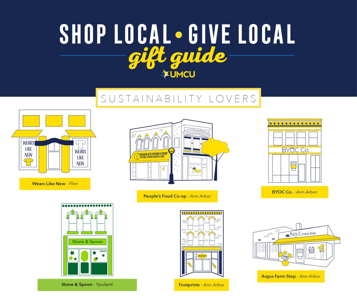 UMCreditUnion's tweet photo. If you’re in search of an eco-friendly gift to give the environmentally conscious person in your life, look no further. These #ShopLocalGiveLocal businesses have what you need to make any sustainability advocate smile this holiday season! ♻️🌎 #UMCUGiftGuide https://t.co/CGLwYsbIuj