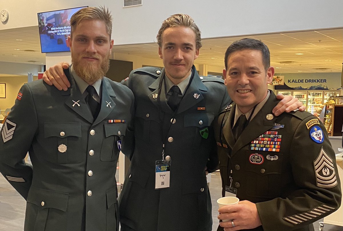 CsmBlaisdell's tweet photo. AW6 &amp; I attended the NATO Cold Weather Operations Conference in Elverum, Norway last week. AW6 briefed USARAK’s efforts to implement the @usarmy Arctic Strategy &amp; “Extreme” cold weather warfighting capabilities. How about those epic beards! Awesome! @triplettrifecta #ArcticTough https://t.co/abm2LnQDdY