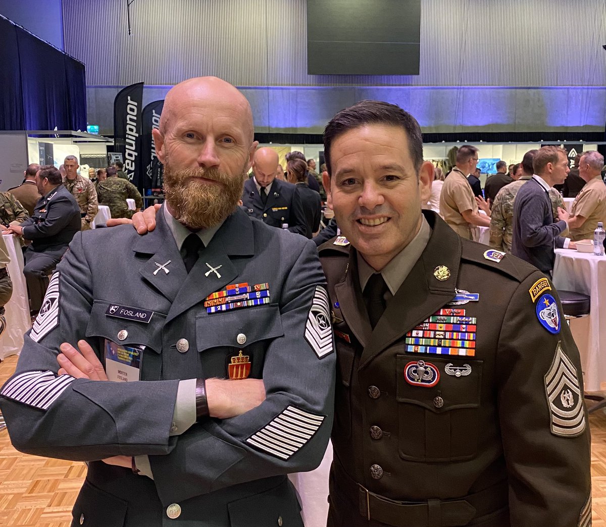 CsmBlaisdell's tweet photo. AW6 &amp; I attended the NATO Cold Weather Operations Conference in Elverum, Norway last week. AW6 briefed USARAK’s efforts to implement the @usarmy Arctic Strategy &amp; “Extreme” cold weather warfighting capabilities. How about those epic beards! Awesome! @triplettrifecta #ArcticTough https://t.co/abm2LnQDdY