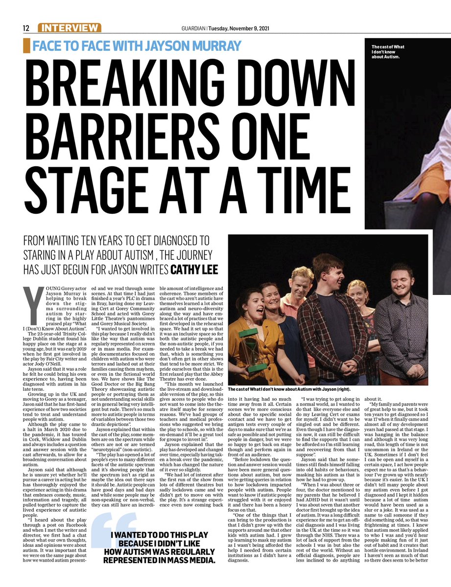 MelissaNolan1's tweet photo. An honest and in-depth interview with our cast member Jayson Dockrell Murray about performing in What I (Don’t) About Autism. Thanks to journalist @cathyleemedia On-demand until 20th Nov @AbbeyTheatre 🎭💚 #AutismIdentity ➡️ https://t.co/AoUatbh61n https://t.co/fLVUeKIMzX