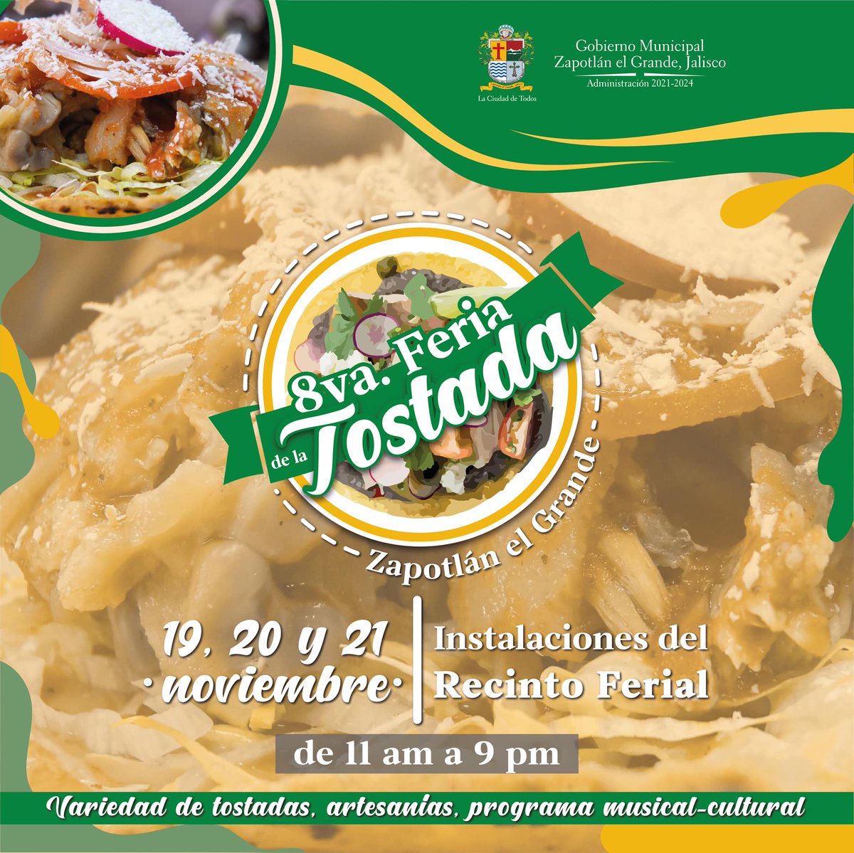 ZapotlanGob's tweet photo. El @ZapotlanGob en conjunto con las coordinaciones de Desarrollo Económico y Turismo realizará la 8va Feria de la Tostada.
📌Las mejores tostadas de la región
📌Programa musical-cultural
📌Venta de productos artesanales: cajeta, ponche, entre otros productos. https://t.co/VHupF9NGJy