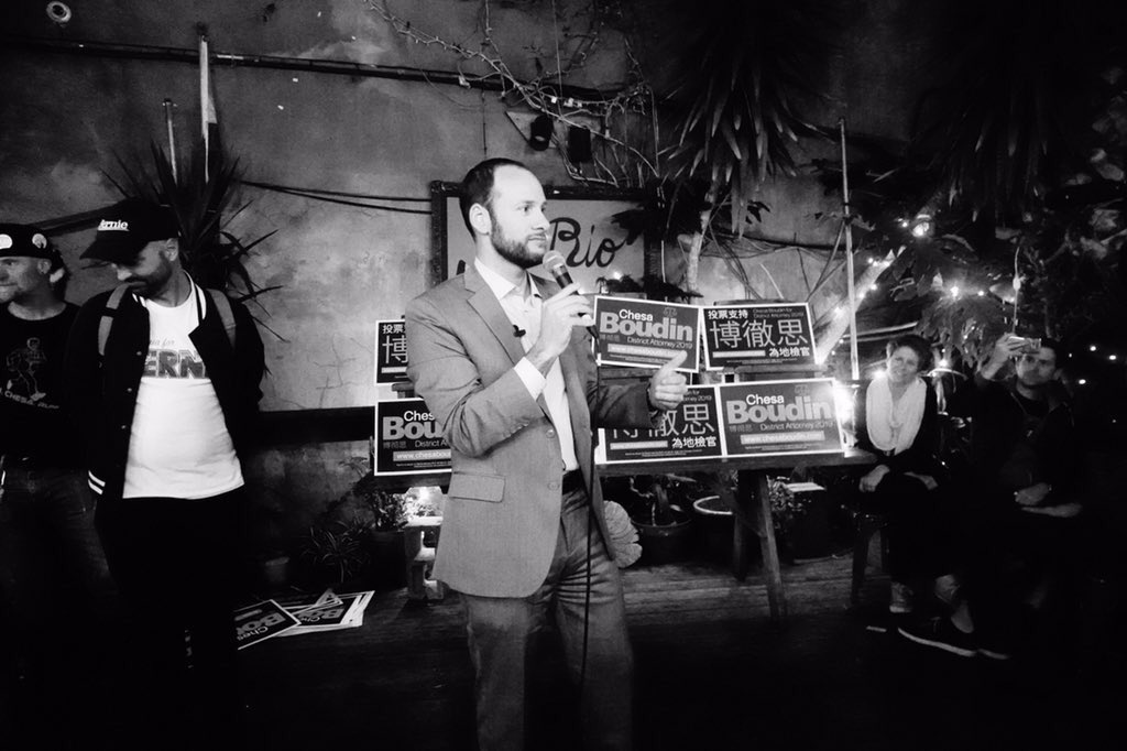 Chesa Boudin speaking at his victory party at El Rio on Nov 9, 2019. The election was Nov 4