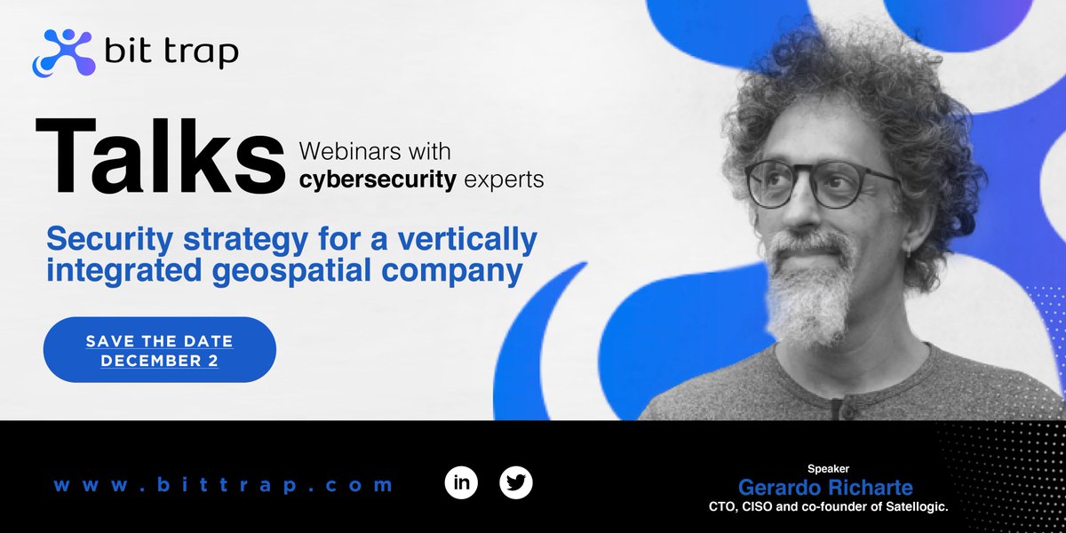 bittrap (@bittrapsec) on Twitter photo A new Bit Trap Talks edition is almost here!
Gera Richarte, <a href="/Satellogic/">Satellogic</a>’s CTO/CISO, will share with us the security strategy for a vertically integrated geospatial company.
Join us on December 2nd!
Registration link: bit.ly/3BYLRJy A new Bit Trap Talks edition is almost here!
Gera Richarte, <a href="/Satellogic/">Satellogic</a>’s CTO/CISO, will share with us the security strategy for a vertically integrated geospatial company.
Join us on December 2nd!
Registration link: bit.ly/3BYLRJy