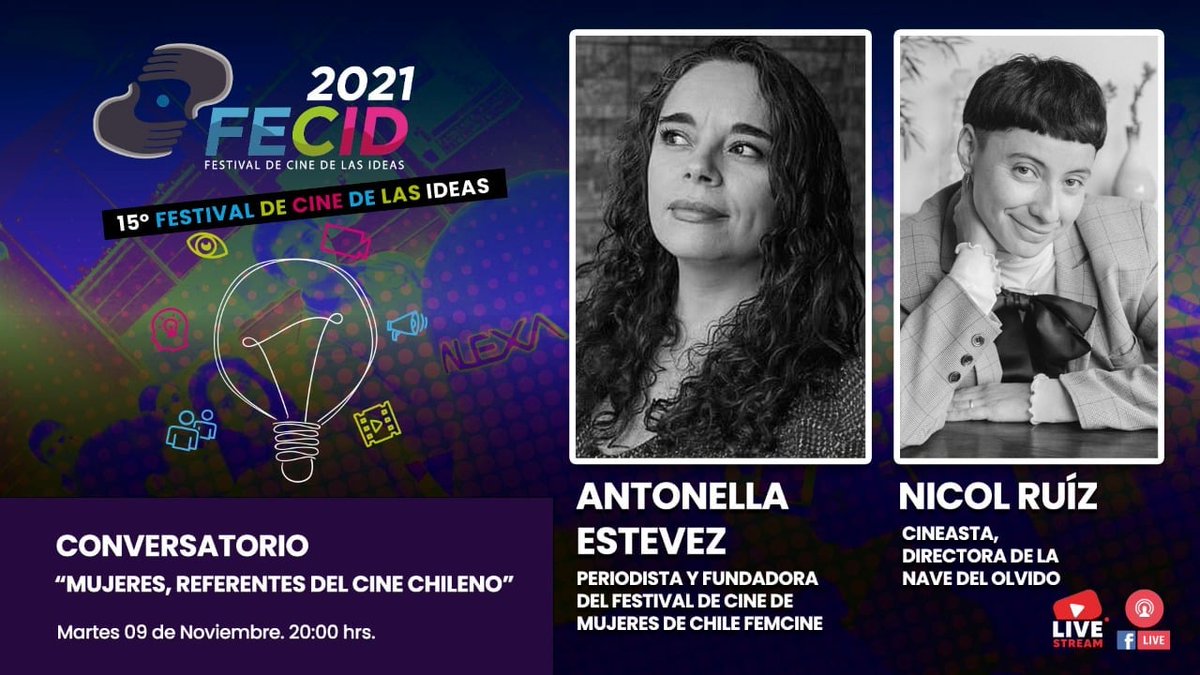FECID_Cine's tweet photo. Hoy 9 Nov a las 20 hrs.
Conversatorio: “Mujeres, Referentes del Cine Chileno”. Invitadas: Antonella Estévez, Periodista y Fundadora del Festival FEMCINE, Nicol Ruíz, Cineasta y Tania Horta, Socióloga. Visionar en Fan Page FECID CINE y https://t.co/g2vss2Nhwy https://t.co/9s2lWY6XfU