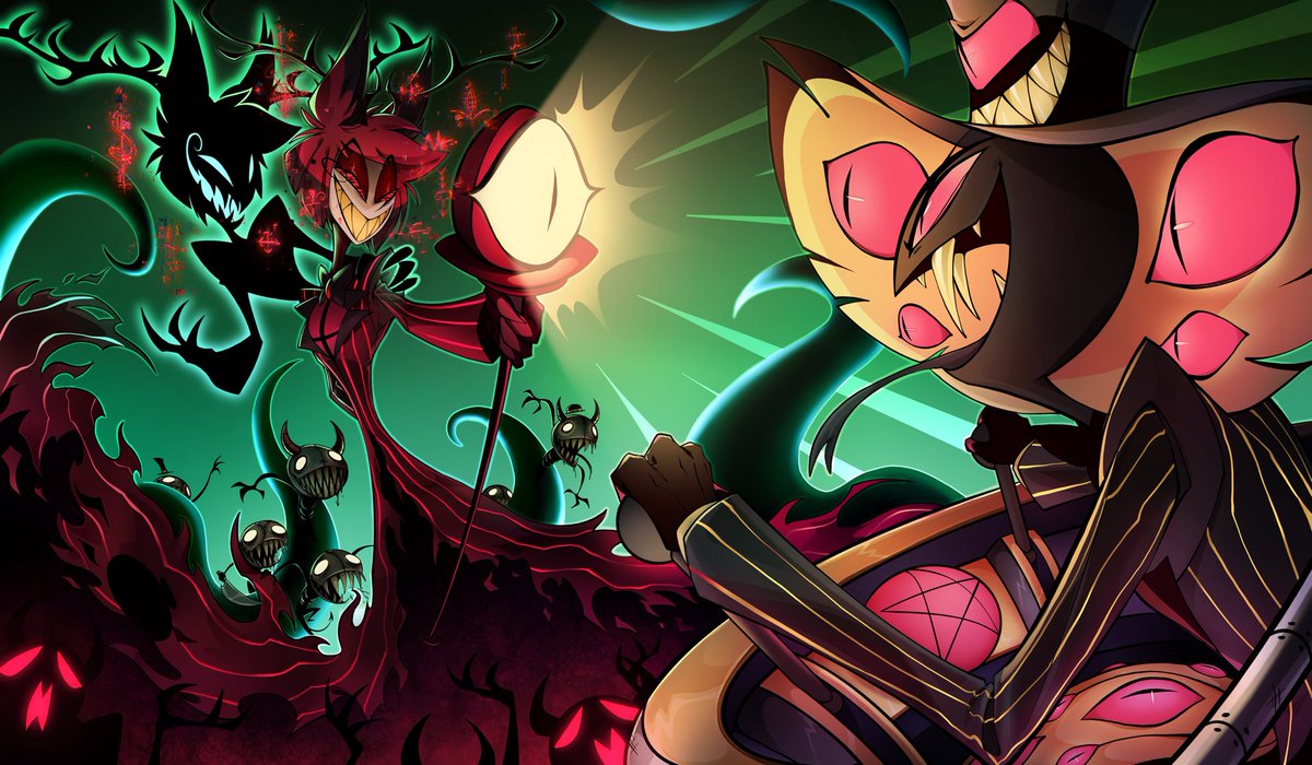 SilentZound's tweet photo. Alastor vs Sir Pentious 🐍
Valentino vs AngelDust 🕷

These are the designs I got commissioned to do for the #HazbinHotel / #HelluvaBoss Merch line. You can find these play mats on the shark robot website under ‘VivziePop’ ✨ https://t.co/RE3esYuOYe