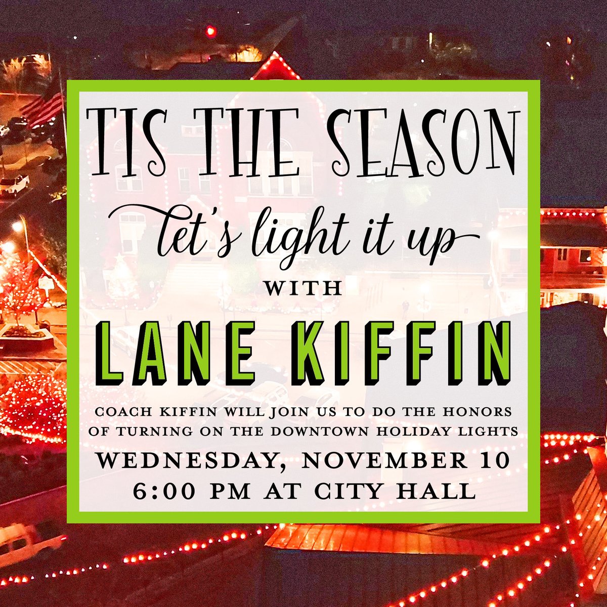 RobynTannehill's tweet photo. Let’s LIGHT IT UP ⁦@Lane_Kiffin⁩ @CollegeGameDay⁩ ⁦@espn⁩ ‼️ We are ready to show the world why @espn names Oxford the Best College Town in America 🚨🎄🚨#Oxford #OleMiss #StrongerTogether #CollegeGameDay #ESPN #LightItUp https://t.co/xx500fIbxZ