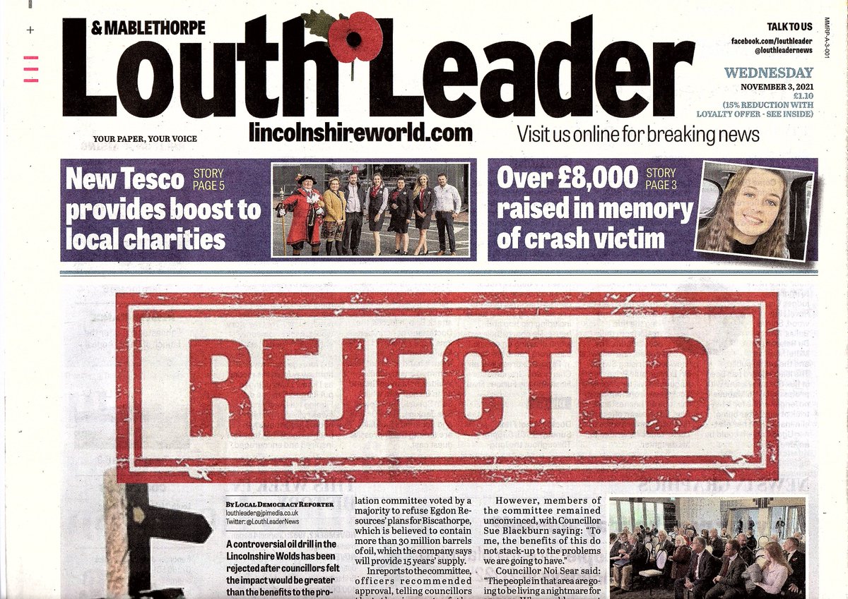 janeairpoetry's tweet photo. Last day of this front page of the #LouthLeader. #oildrilling #Biscathorpe #AOONB This campaign against further oil drilling proposals in Biscathorpe has received national media attention in #TheIndependent and #TheTimes newspapers. #LouthLeadernews https://t.co/mBfnAQJZWY