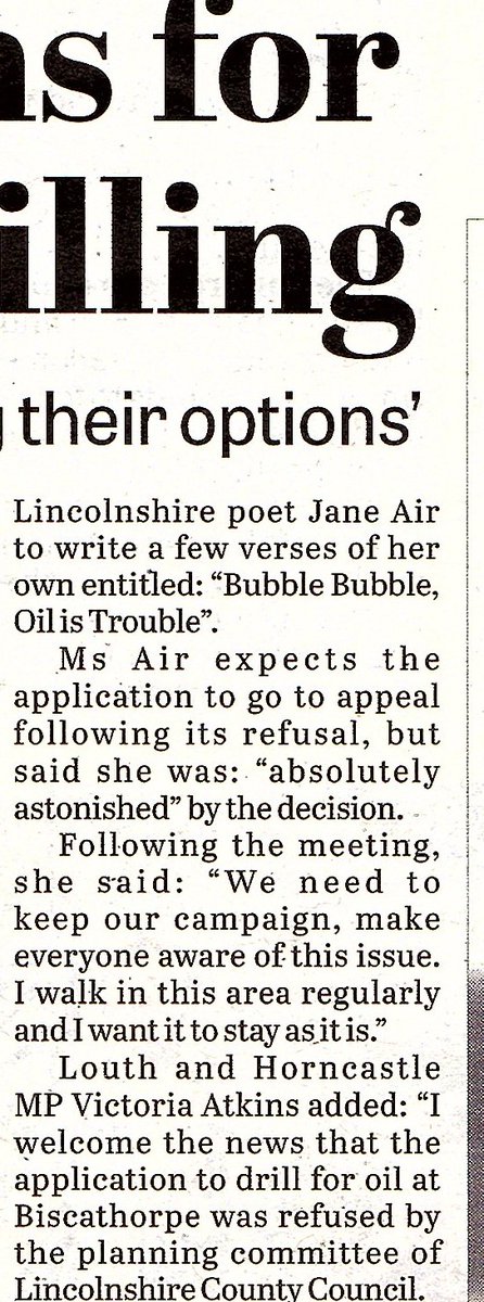 janeairpoetry's tweet photo. Last day of this front page of the #LouthLeader. #oildrilling #Biscathorpe #AOONB This campaign against further oil drilling proposals in Biscathorpe has received national media attention in #TheIndependent and #TheTimes newspapers. #LouthLeadernews https://t.co/mBfnAQJZWY