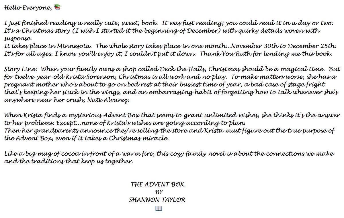 STaylorWrites's tweet image. I'm grateful for every good review, but I really appreciate this one sent by someone to their book club because it was the moment I realized people I didn't know were reading THE ADVENT BOX. 
#Christmas2021 #Christmas #Christmasbooks #Christmasgifts #Advent #kidsbooks