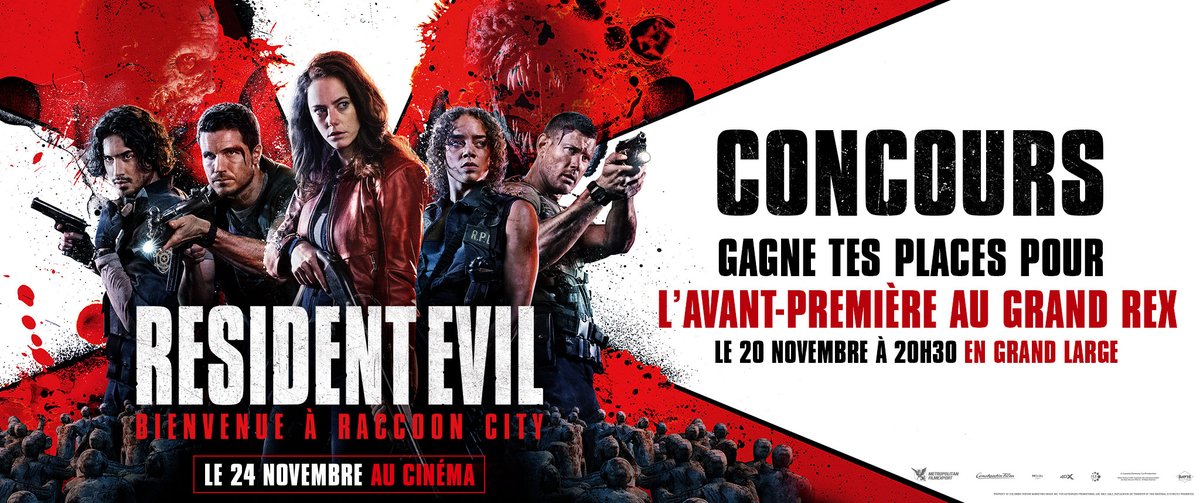 ResidentEvil_FR's tweet photo. Gagnez vos places pour la grande avant-première française de #ResidentEvil : #BienvenueàRaccoonCity au cinéma @LeGrandRex ! Animations, cadeaux et goodies sont prévus pour la soirée ! 
Pour participer, il suffit de nous suivre et de RT ce tweet jusqu'au 16 novembre. https://t.co/g9bhGqU4Bv