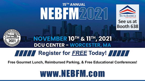 TectaAmericaNE's tweet photo. Our last trade show of the year starts tomorrow at the DCU Center in Worcester! NEBFM Show and Conference is being held Wednesday and Thursday, and the Tecta team will be at Booth 638 chatting with facilities managers about our top-notch commercial #roofing services. #NEBFM2021 https://t.co/688BNUeOGy
