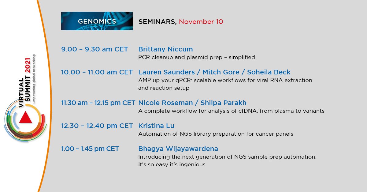BCILifeSciences's tweet photo. Join us for #VirtualSummit2021 tomorrow for these interactive events in our Digital Campus!
Check out these great seminars Wednesday for:
• flow cytometry
• genomics
• particle counting & characterization
• automated liquid handling
Register now: https://t.co/X3Dxh4LFwz https://t.co/EGa0E0NQoy