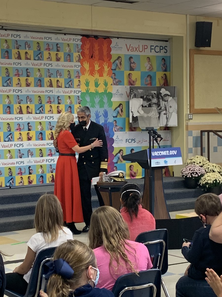 FCPS_ETMSS's tweet photo. Team ETMSS delivered and supported the pediatric vaccine clinic press conference! Check out our @FCPS_TMPC produced banners integrated with student artwork as a backdrop. @FLOTUS  and the Surgeon General of the US at @FSES_Pandas!
https://t.co/M1sQeyJFAd https://t.co/f6o8XyfxTb