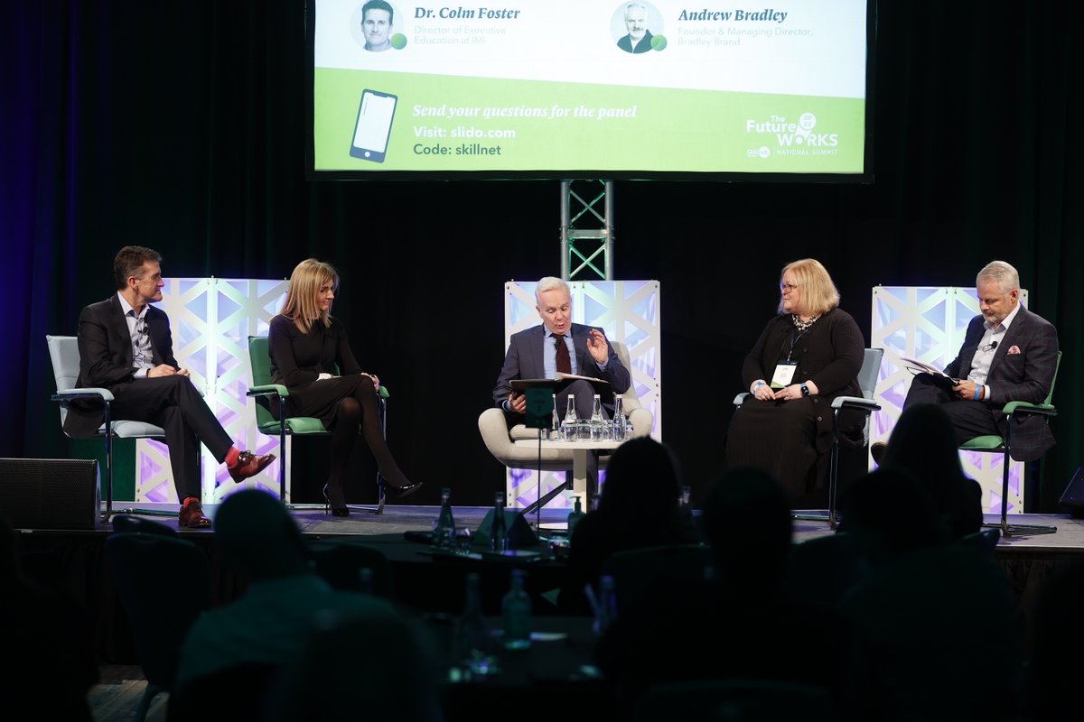 SkillnetIreland's tweet photo. #TheFutureWorks industry panel discussion focusing on 'Leadership for the Next Normal' is underway, hosted by our event MC Richard Curran who is joined by @DrColmFoster, @MartynLorna, Tara Rodgers, and Andrew Bradley.
#TalentTransformsBusiness https://t.co/CNX3uSsORA