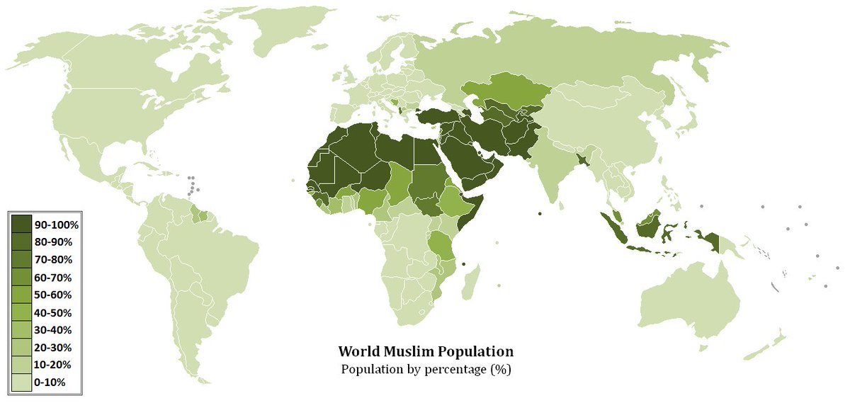 KhalilAndani's tweet photo. Where do most of the global Muslim population reside? The 1st map here is what you’ll get immediately on Google and Wikipedia and on superficial look, it suggests most Muslims are in Middle East/North Africa. But the 2nd map is more useful &amp; shows where most Muslims reside. https://t.co/8LmNRqybmz